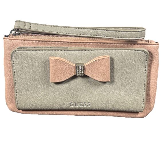 GUESS Pink Gray Wristlet Wallet Rhinestone Bow Zip Clutch Card Holder Organizer - Picture 1 of 9